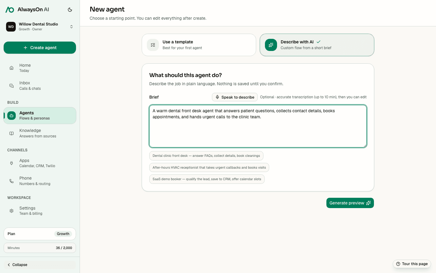 hiify.ai new-agent screen with the Create with AI option and a field for describing the agent